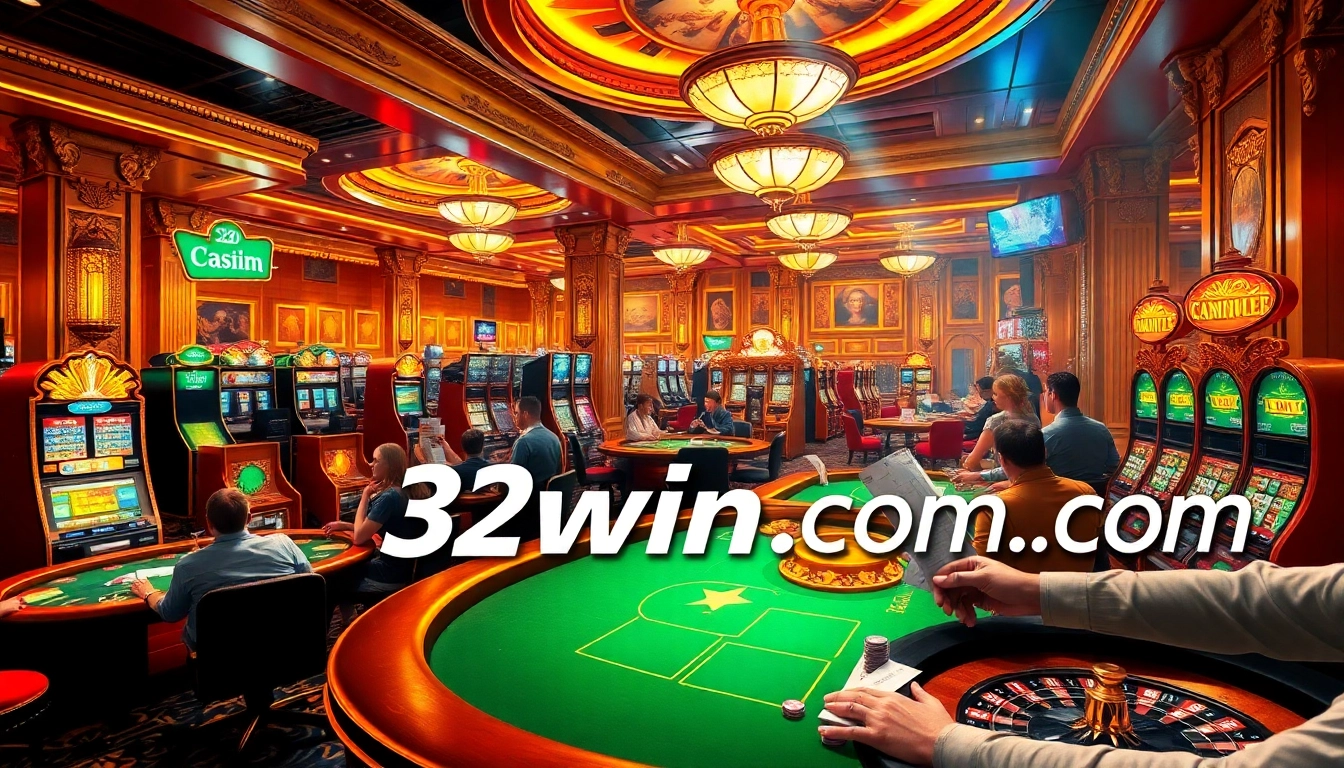 Experience the thrill of gambling at 32win com with vibrant casino activities, tables, and bright slot machines.