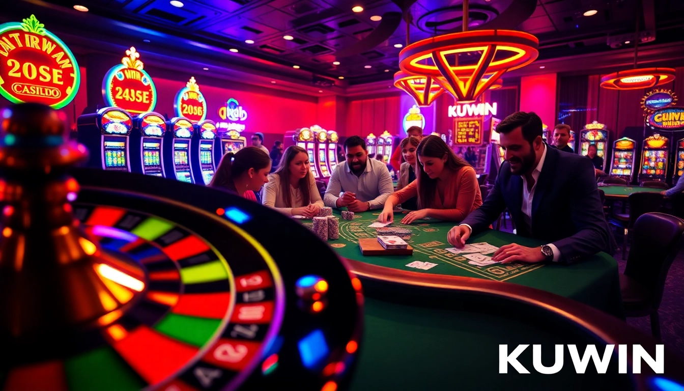 KUWIN players engaged in thrilling poker action at a vibrant casino table with colorful chips.