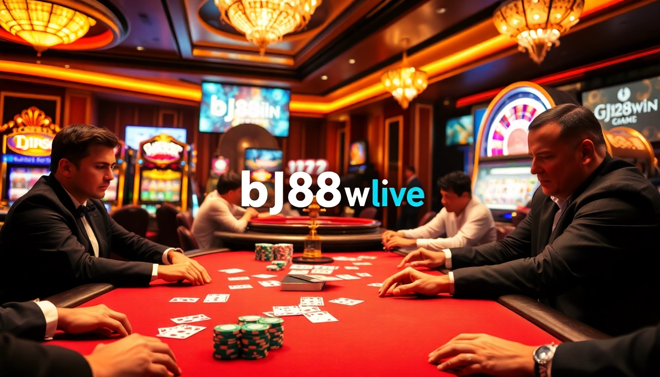Experience the thrill of gambling at bj88win.live with a vibrant casino scene featuring poker tables and slot machines.