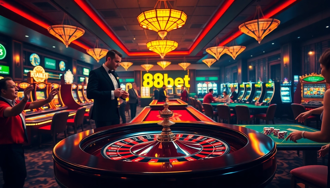 Experience the excitement and luxury of 8kbet with players engaged at a vibrant casino.
