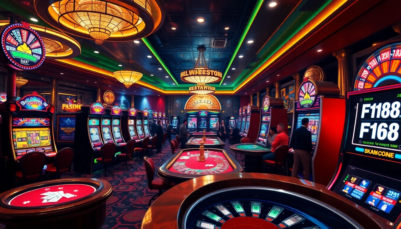 F168 features a dynamic casino scene with players at tables and vibrant slot machines.