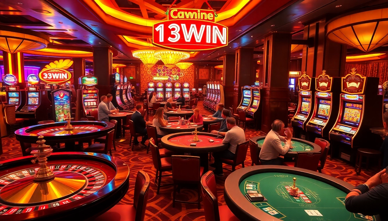 Experience 13WIN at a lively casino with players at roulette and poker tables.