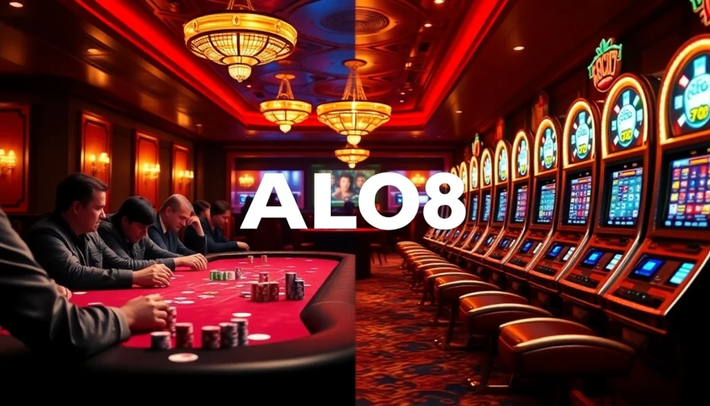 ALO8 presents an exciting casino scene with intense poker players and vibrant slot machines.