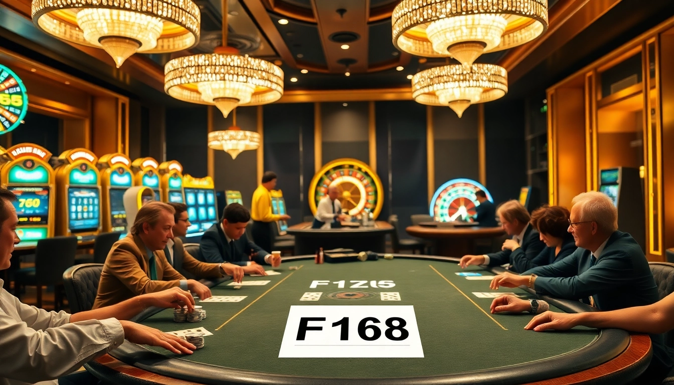 F168 players enjoying intense poker action at a vibrant casino with tables, chips, and drinks.