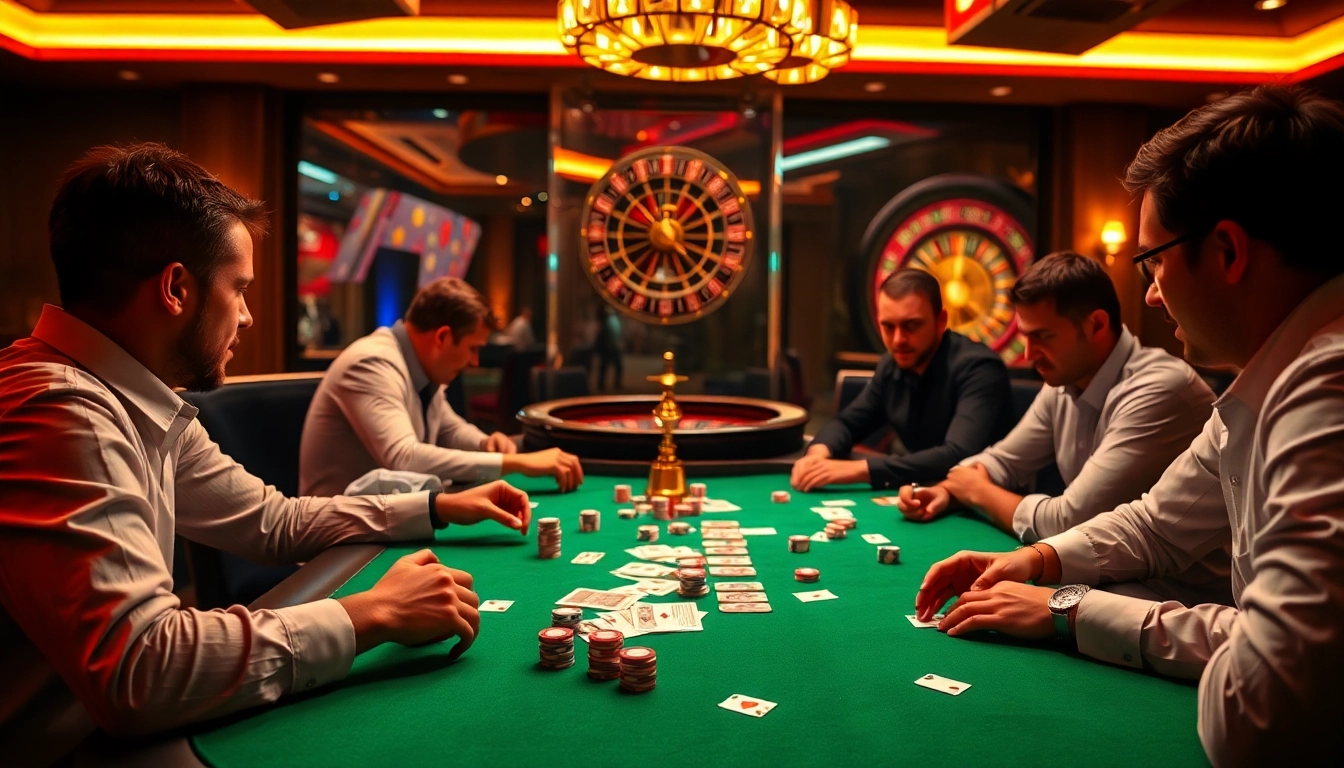 C168 poker players immersed in an intense game at a vibrant casino table.