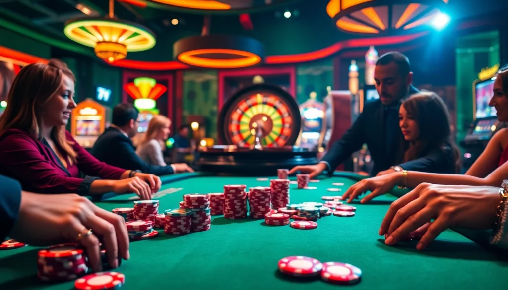 Experience thrilling poker play at 79KING casino, featuring vibrant tables and chips in an electrifying atmosphere.